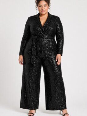 ELOQUii Women’s  Sequin Tailored Jumpsuit - Wide Leg Black Jumpsuit  Size 16